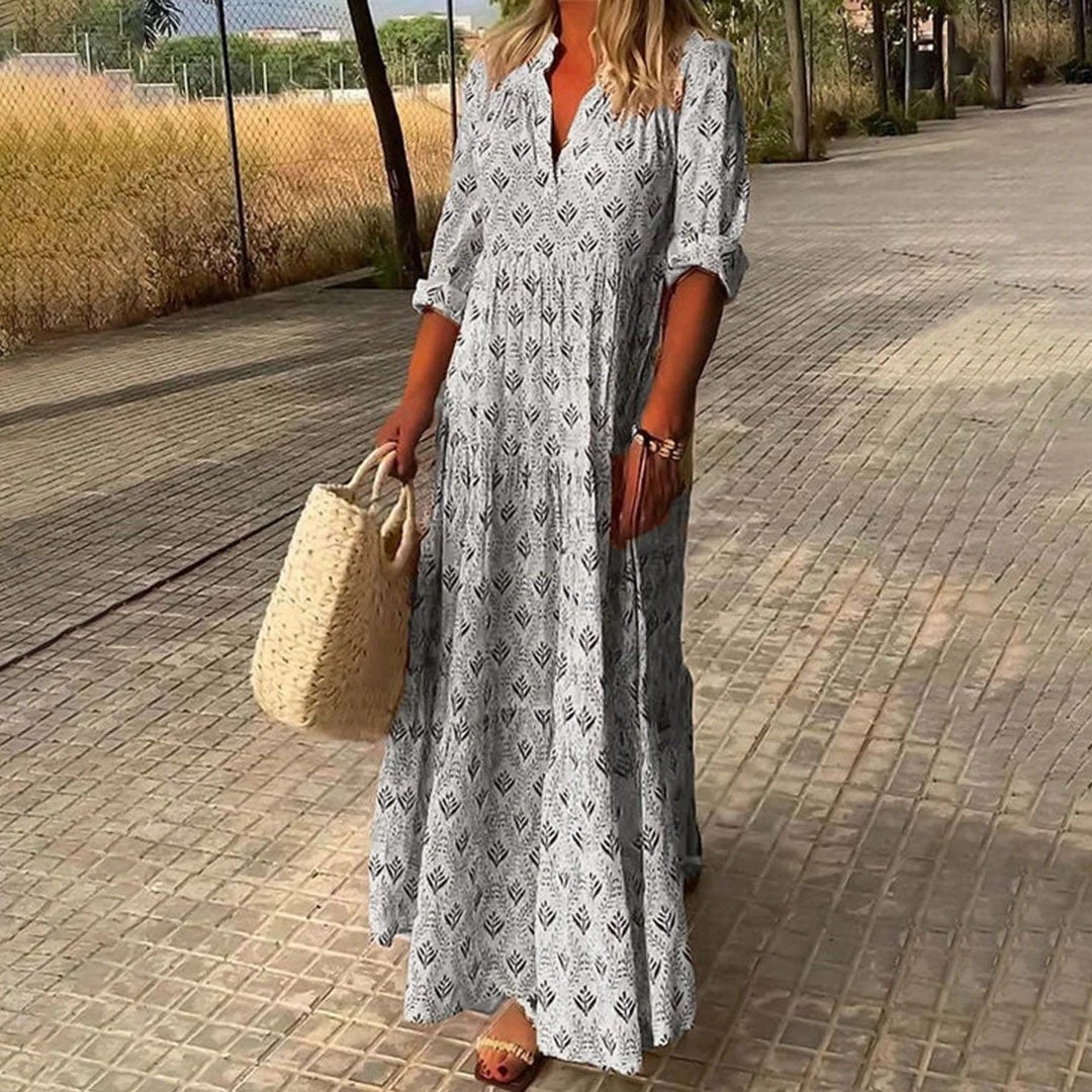 Editha | Leichtes Boho Maxi-Sommerkleid mit Langarm