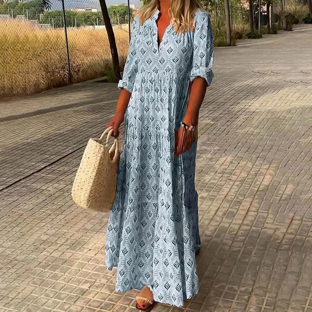 Editha | Leichtes Boho Maxi-Sommerkleid mit Langarm