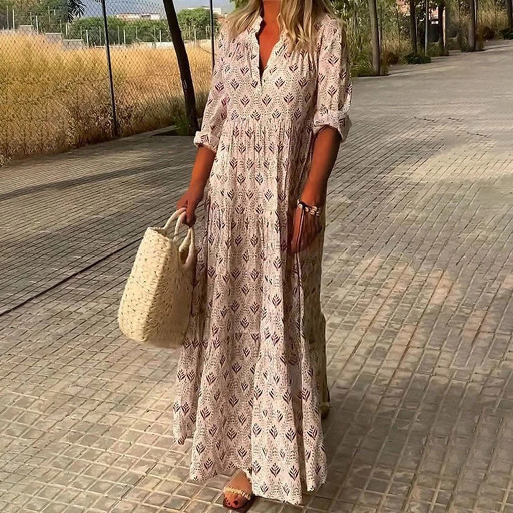 Editha | Leichtes Boho Maxi-Sommerkleid mit Langarm