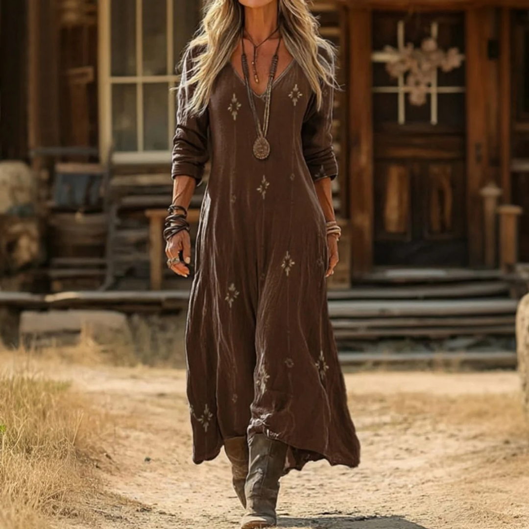 Elara | Damen Langarm Maxikleid mit Muster und V Ausschnitt