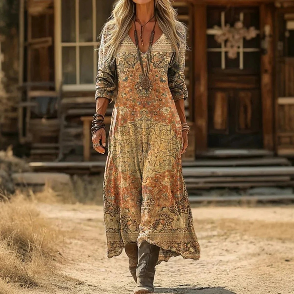 Elara | Damen Langarm Maxikleid mit Muster und V Ausschnitt