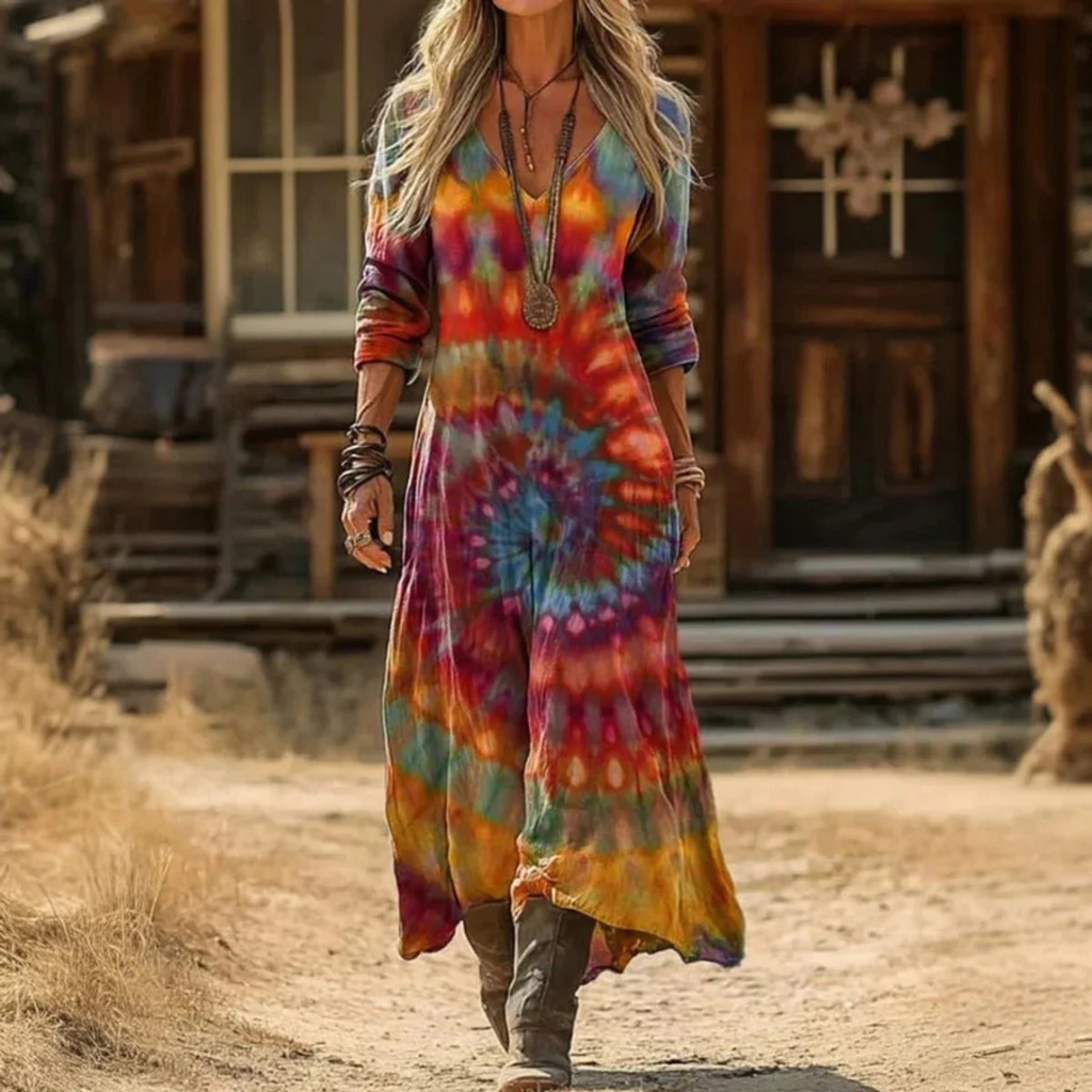 Elara | Damen Langarm Maxikleid mit Muster und V Ausschnitt