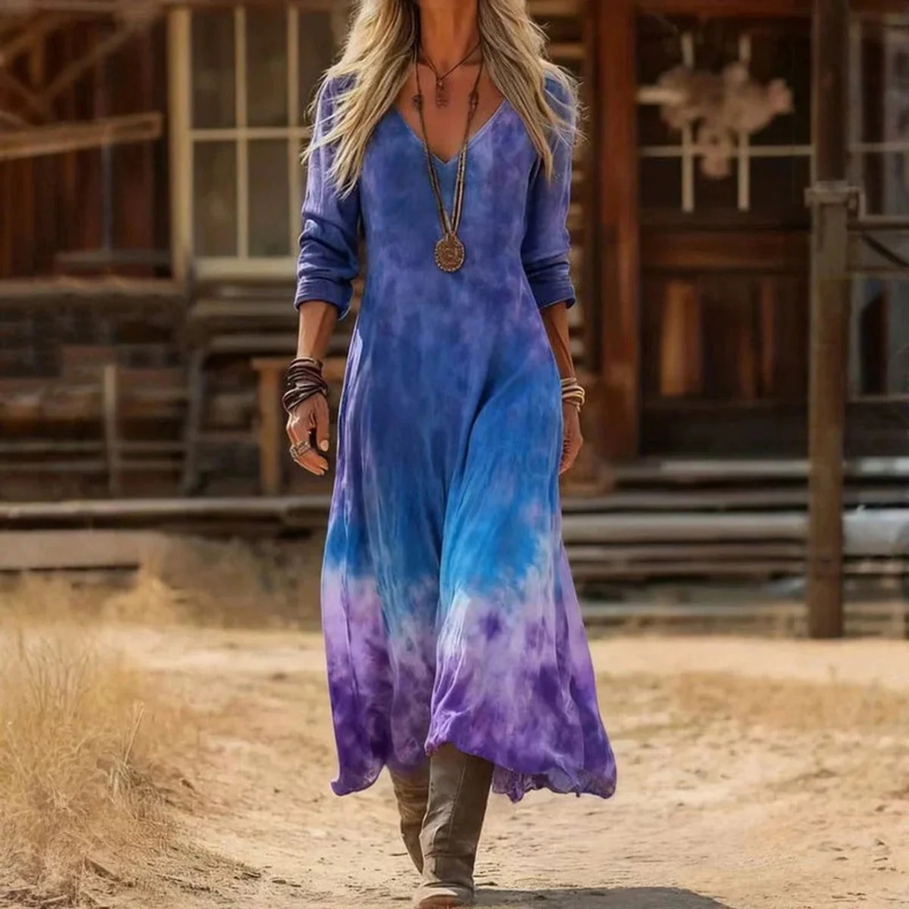 Elara | Damen Langarm Maxikleid mit Muster und V Ausschnitt