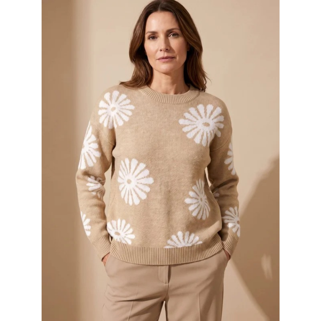 Eleonore | Damen Beige Strickpullover mit Blumen Design und Bündchen