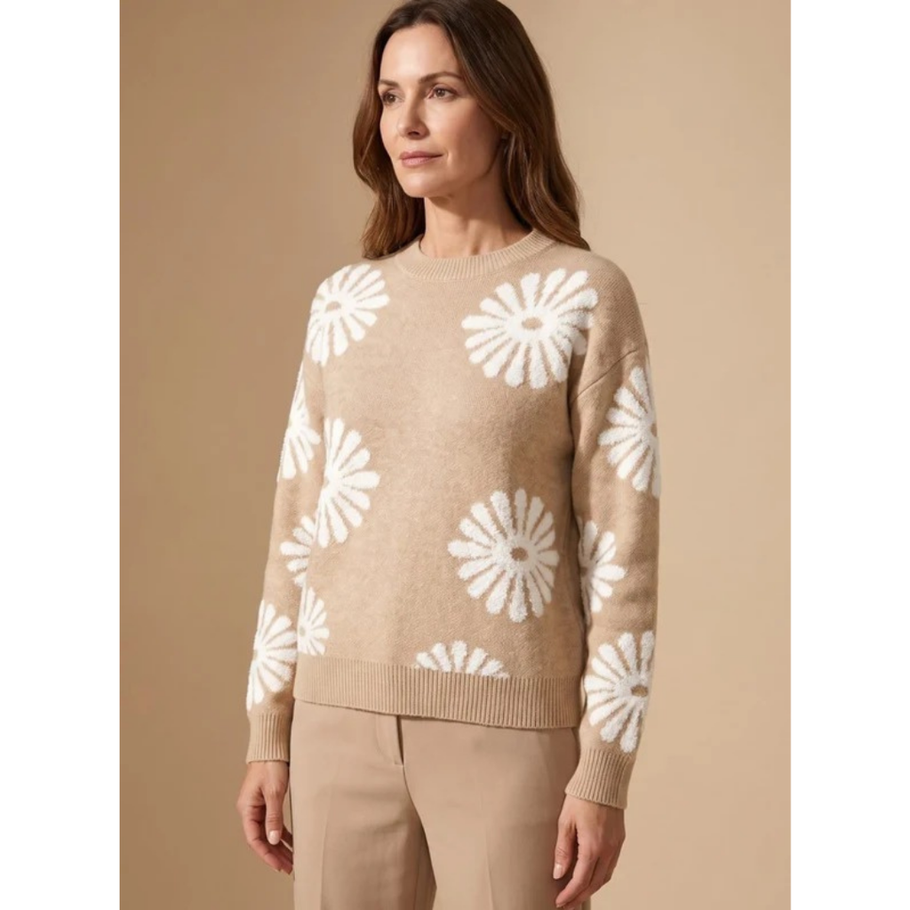 Eleonore | Damen Beige Strickpullover mit Blumen Design und Bündchen