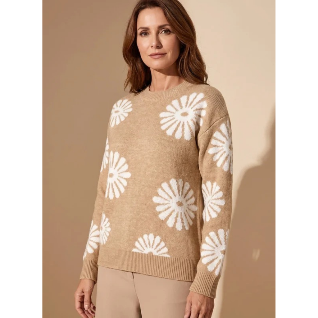 Eleonore | Damen Beige Strickpullover mit Blumen Design und Bündchen