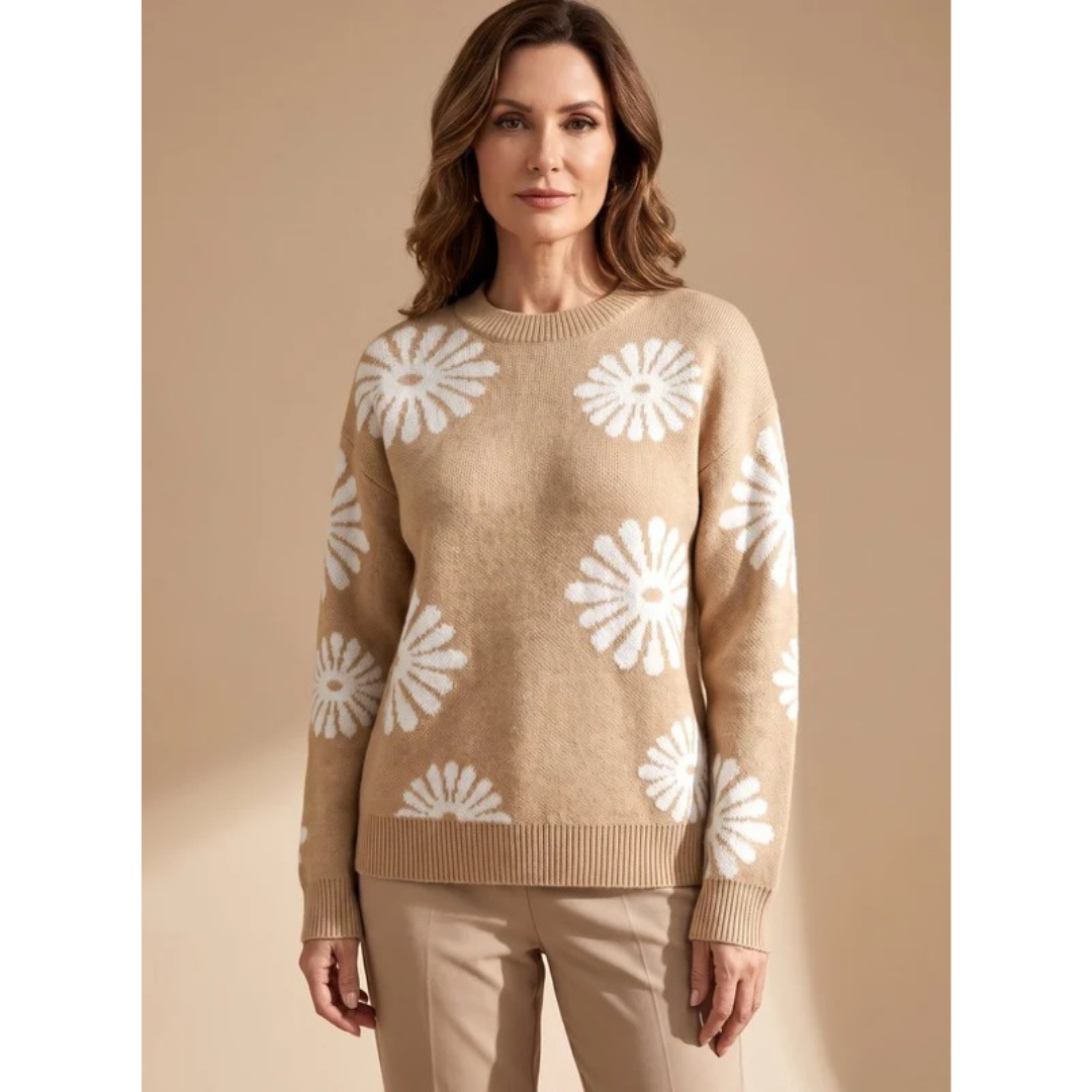 Eleonore | Damen Beige Strickpullover mit Blumen Design und Bündchen