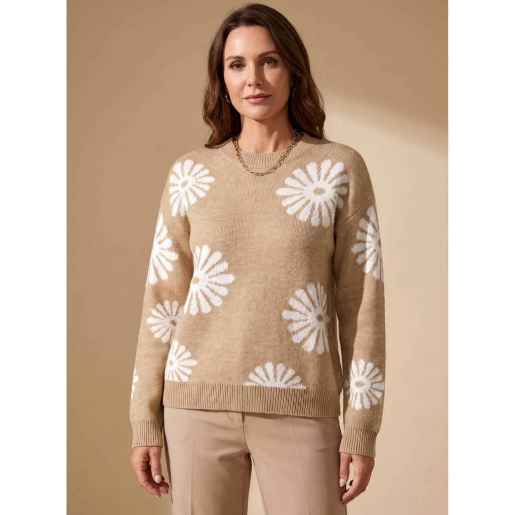 Eleonore | Damen Beige Strickpullover mit Blumen Design und Bündchen