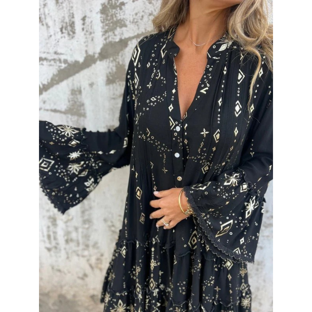 Elfriede | Damen Boho Midikleid Mit V-Ausschnitt