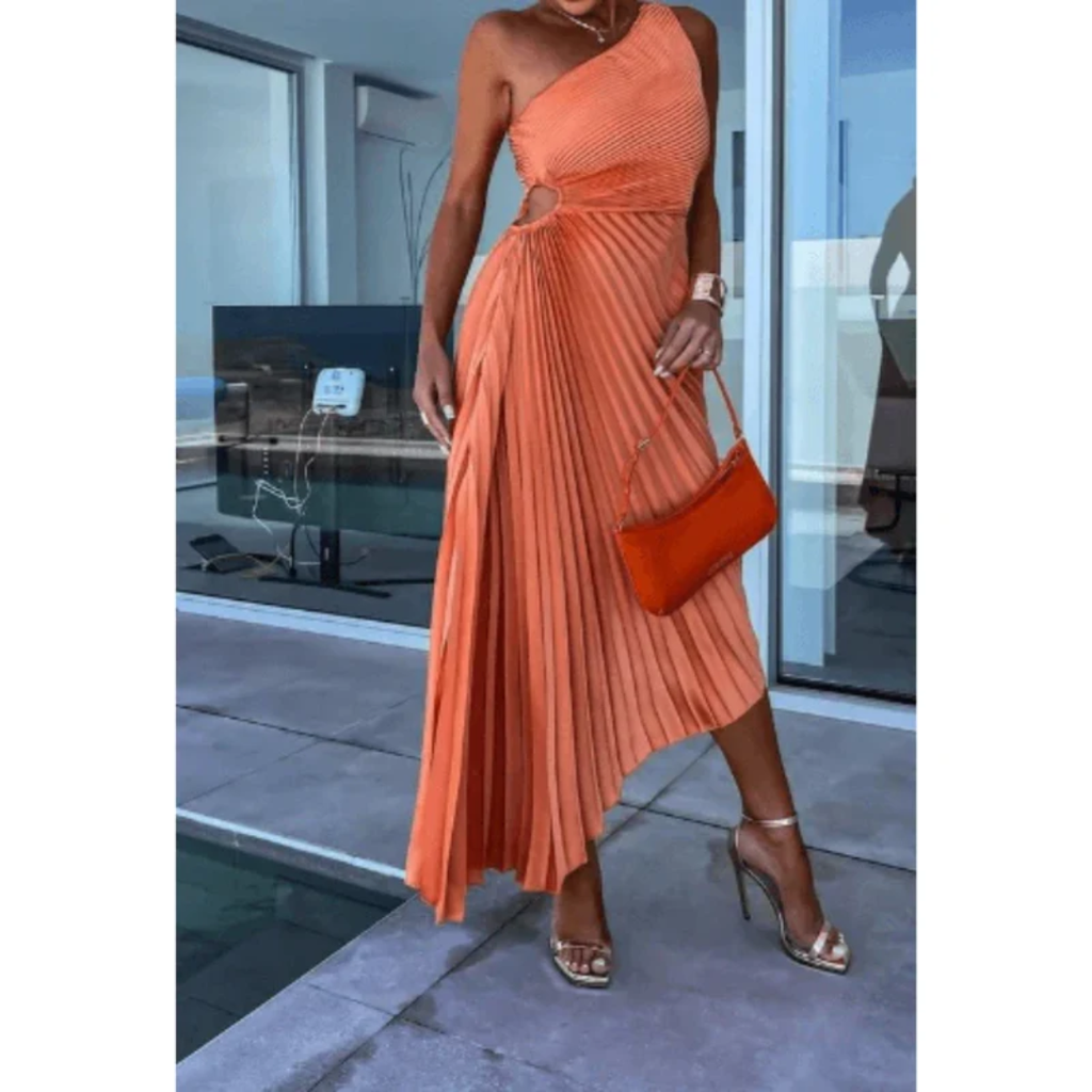 Elinor | Damen Maxi Kleid Für Hochzeitsgast Ein Schulter Falten Stil