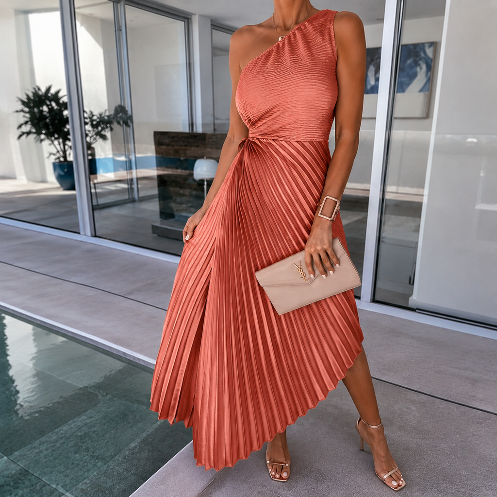 Elinor | Damen Maxi Kleid Für Hochzeitsgast Ein Schulter Falten Stil
