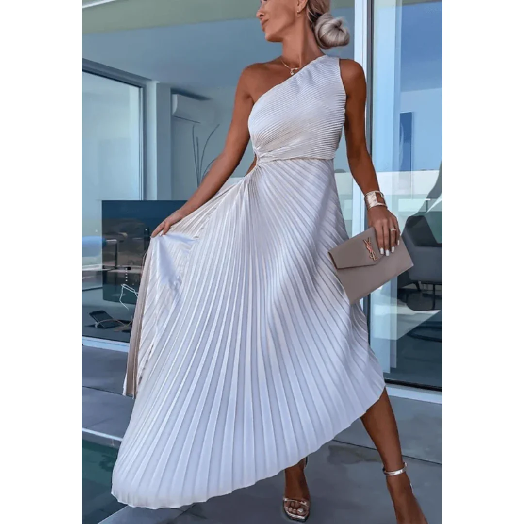 Elinor | Damen Maxi Kleid Für Hochzeitsgast Ein Schulter Falten Stil
