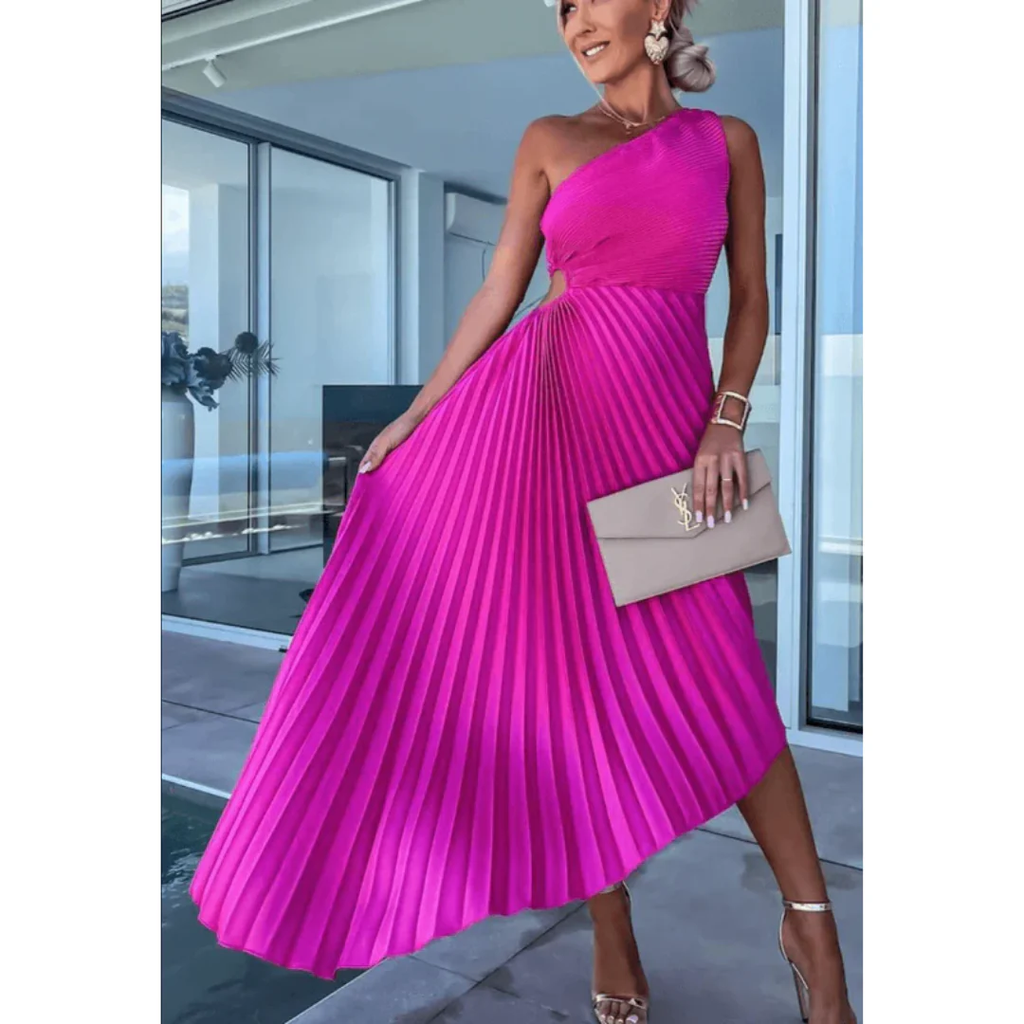 Elinor | Damen Maxi Kleid Für Hochzeitsgast Ein Schulter Falten Stil