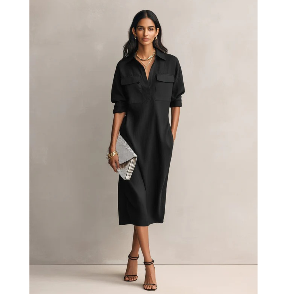 Elke | Damen Schwarzes Freizeit Midikleid