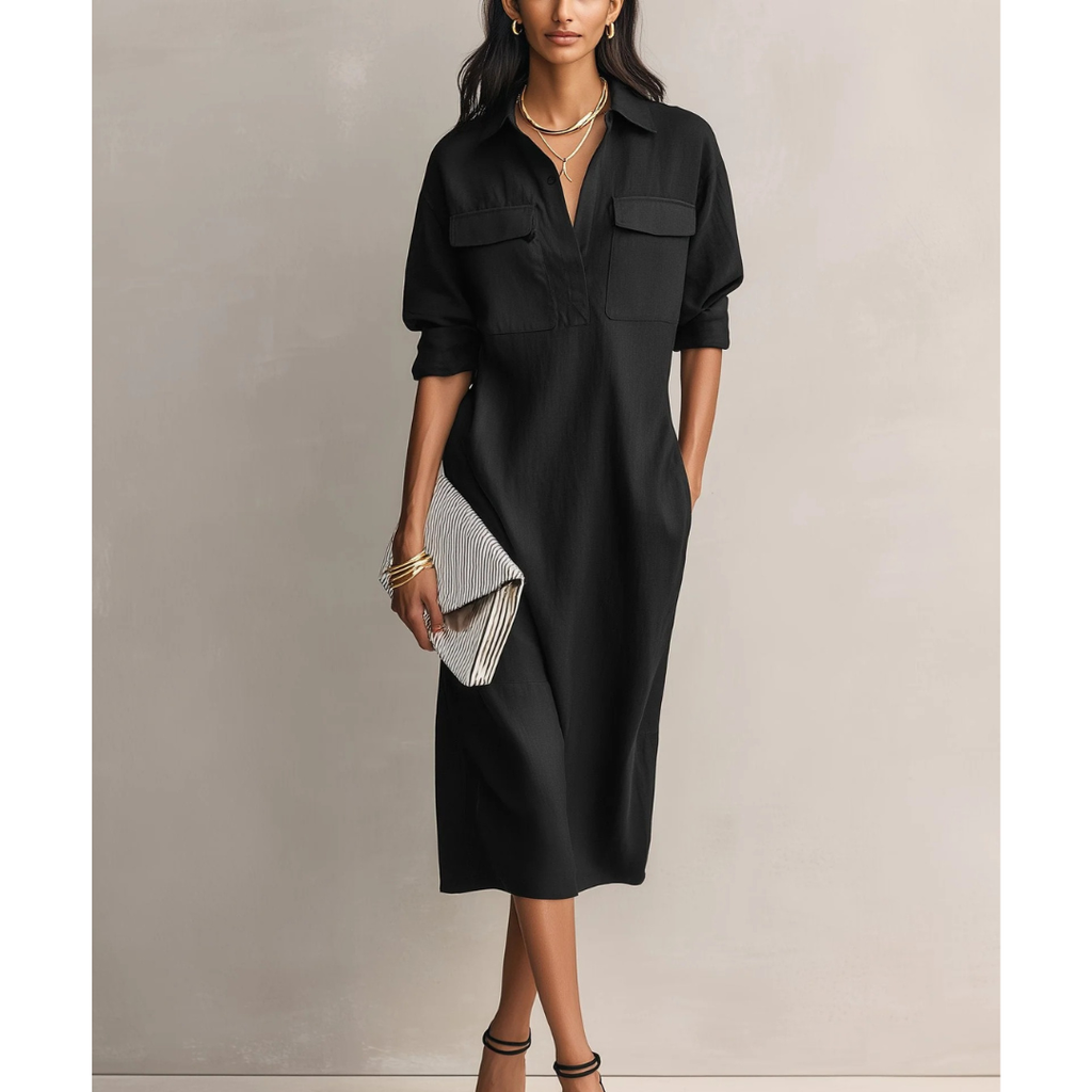 Elke | Damen Schwarzes Freizeit Midikleid