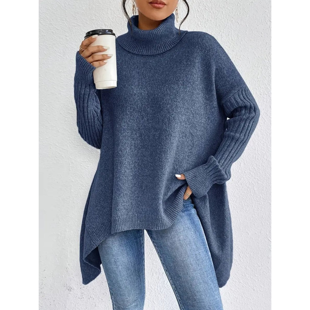 Elke | Damen Weiter Rollkragenpullover mit langem Saum