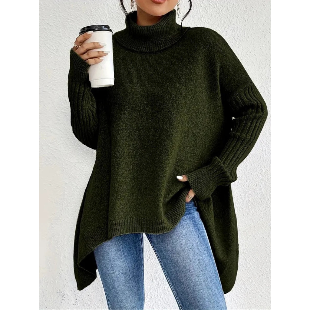Elke | Damen Weiter Rollkragenpullover mit langem Saum