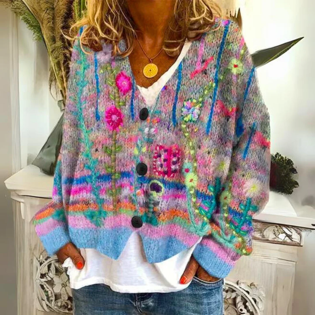 Ellen | Damen Pullover mit Blumenmuster und Knöpfen