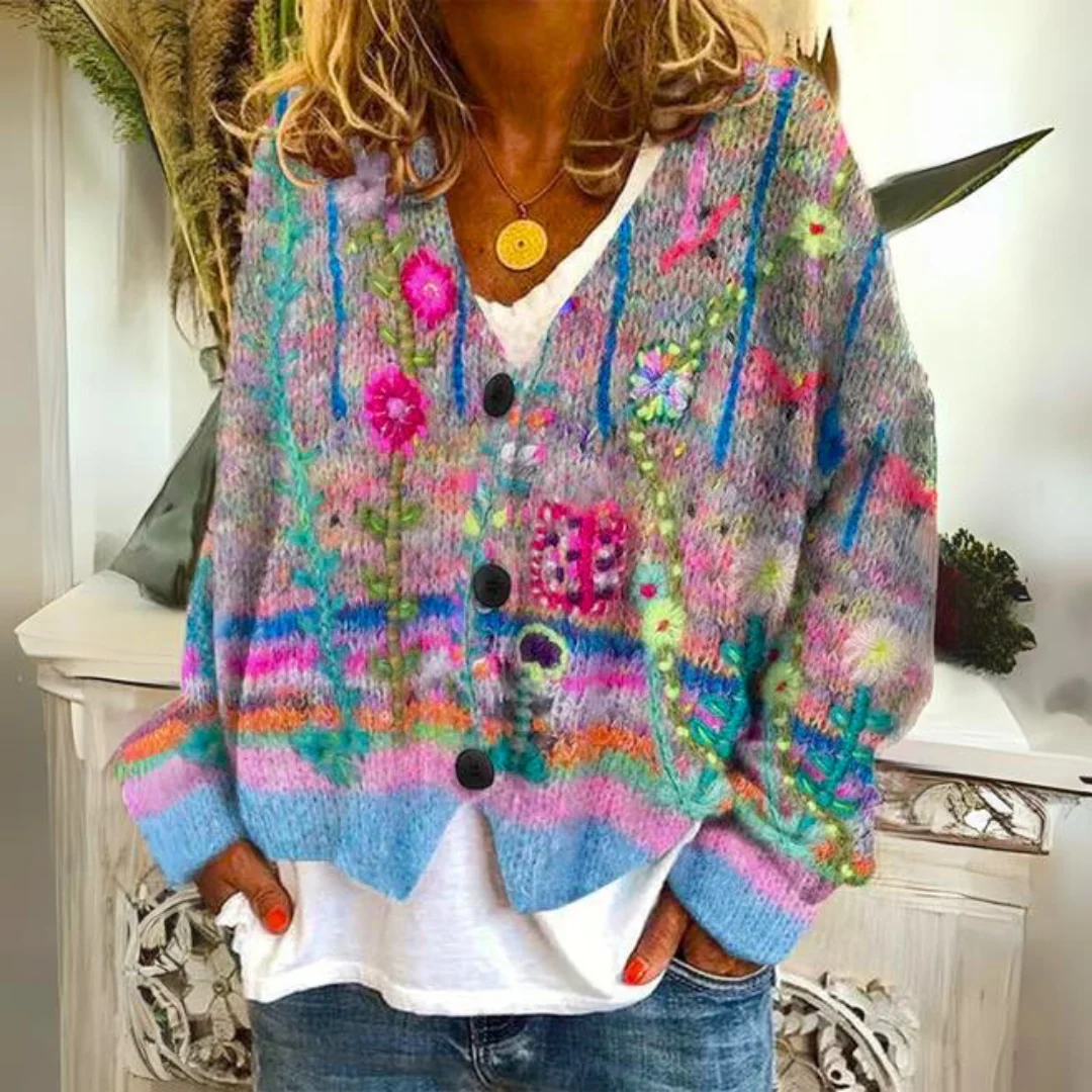 Ellen | Damen Pullover mit Blumenmuster und Knöpfen