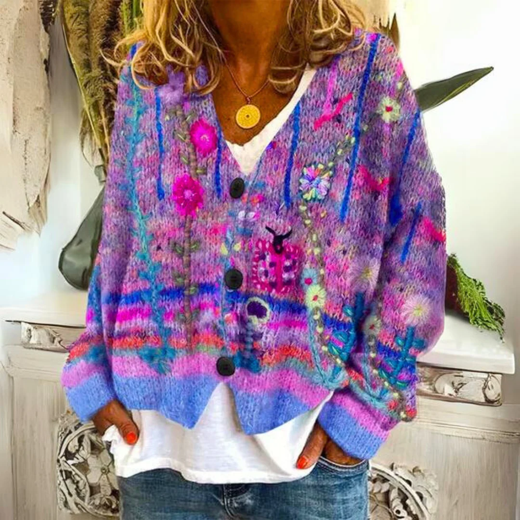 Ellen | Damen Pullover mit Blumenmuster und Knöpfen