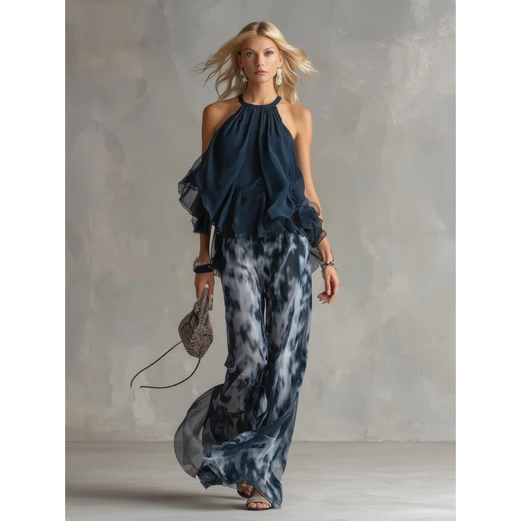 Elly | Damen Marineblaues Weites Zweiteiler Set