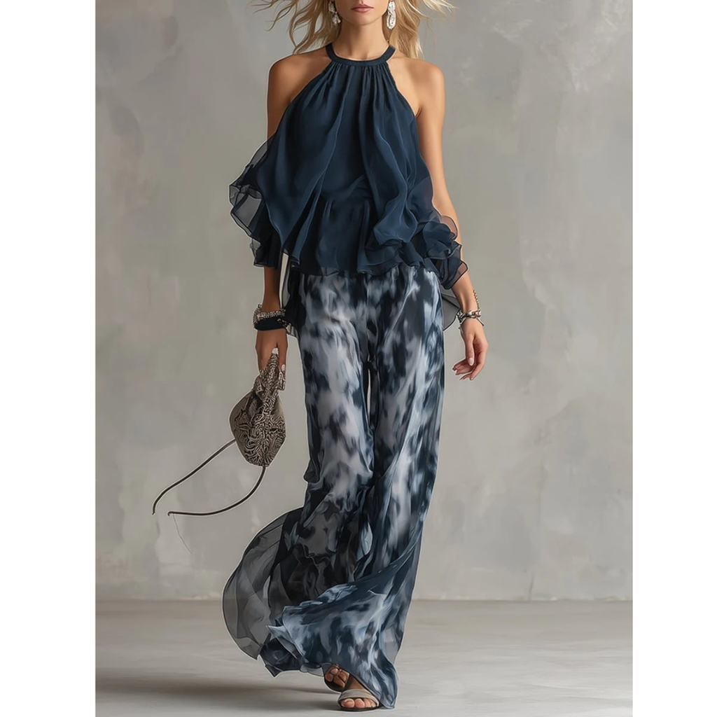 Elly | Damen Marineblaues Weites Zweiteiler Set