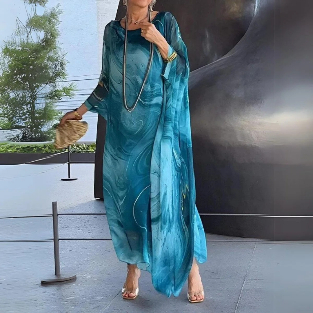 Elodie | Damen Langarm Maxikleid mit Marmor Muster und Kaftan Stil