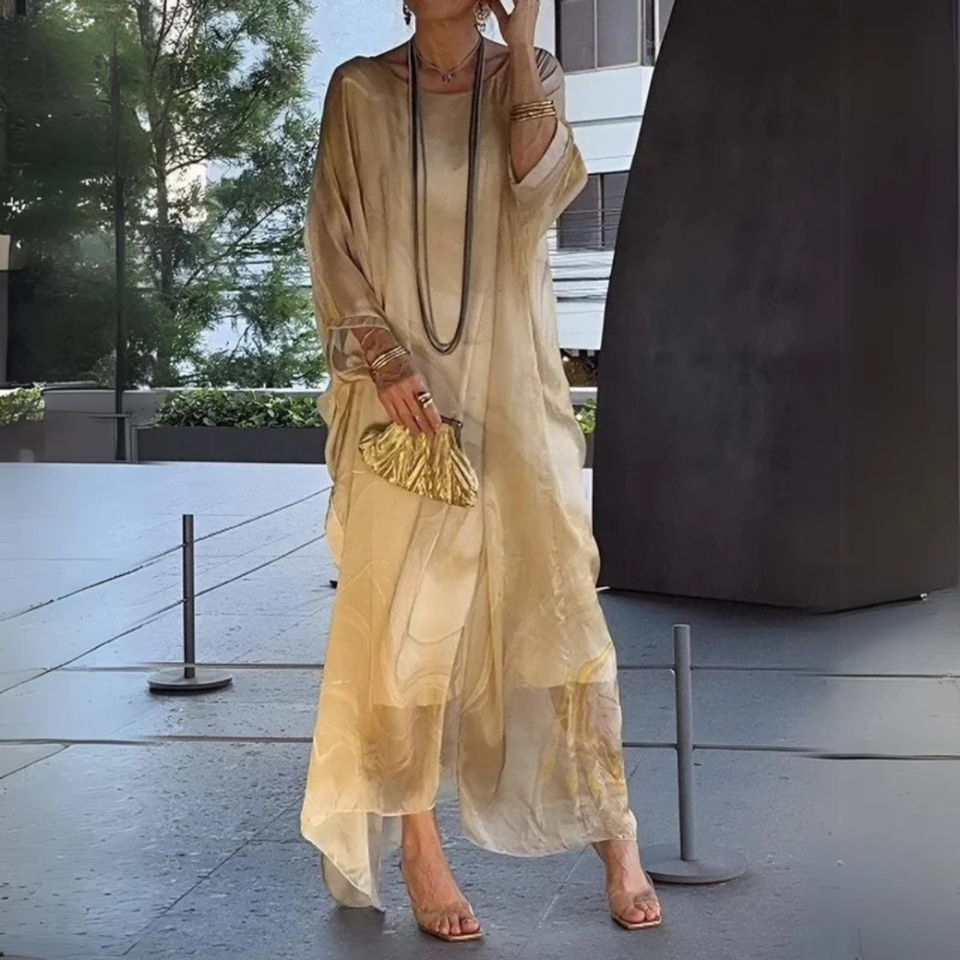 Elodie | Damen Langarm Maxikleid mit Marmor Muster und Kaftan Stil