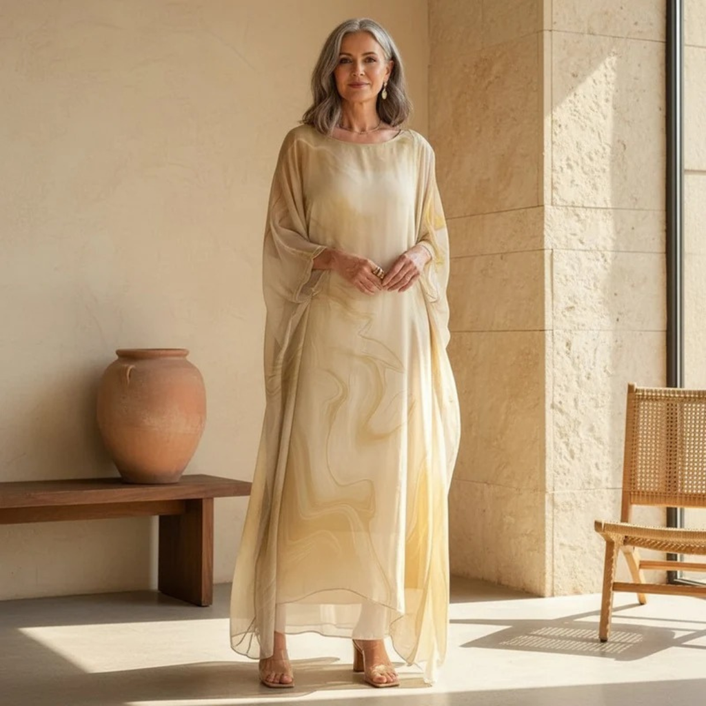 Elodie | Damen Langarm Maxikleid mit Marmor Muster und Kaftan Stil