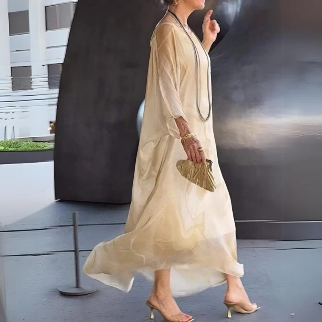Elodie | Damen Langarm Maxikleid mit Marmor Muster und Kaftan Stil