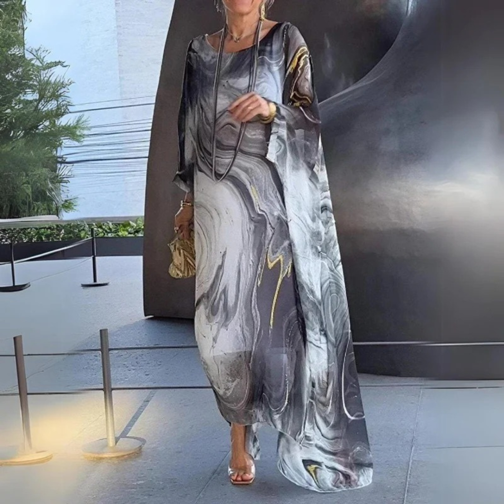 Elodie | Damen Langarm Maxikleid mit Marmor Muster und Kaftan Stil