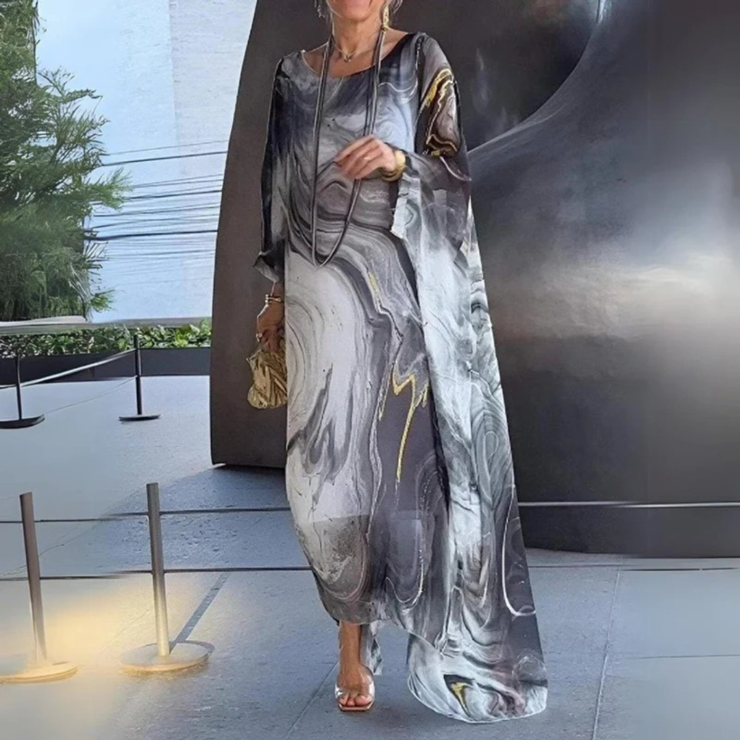 Elodie | Damen Langarm Maxikleid mit Marmor Muster und Kaftan Stil