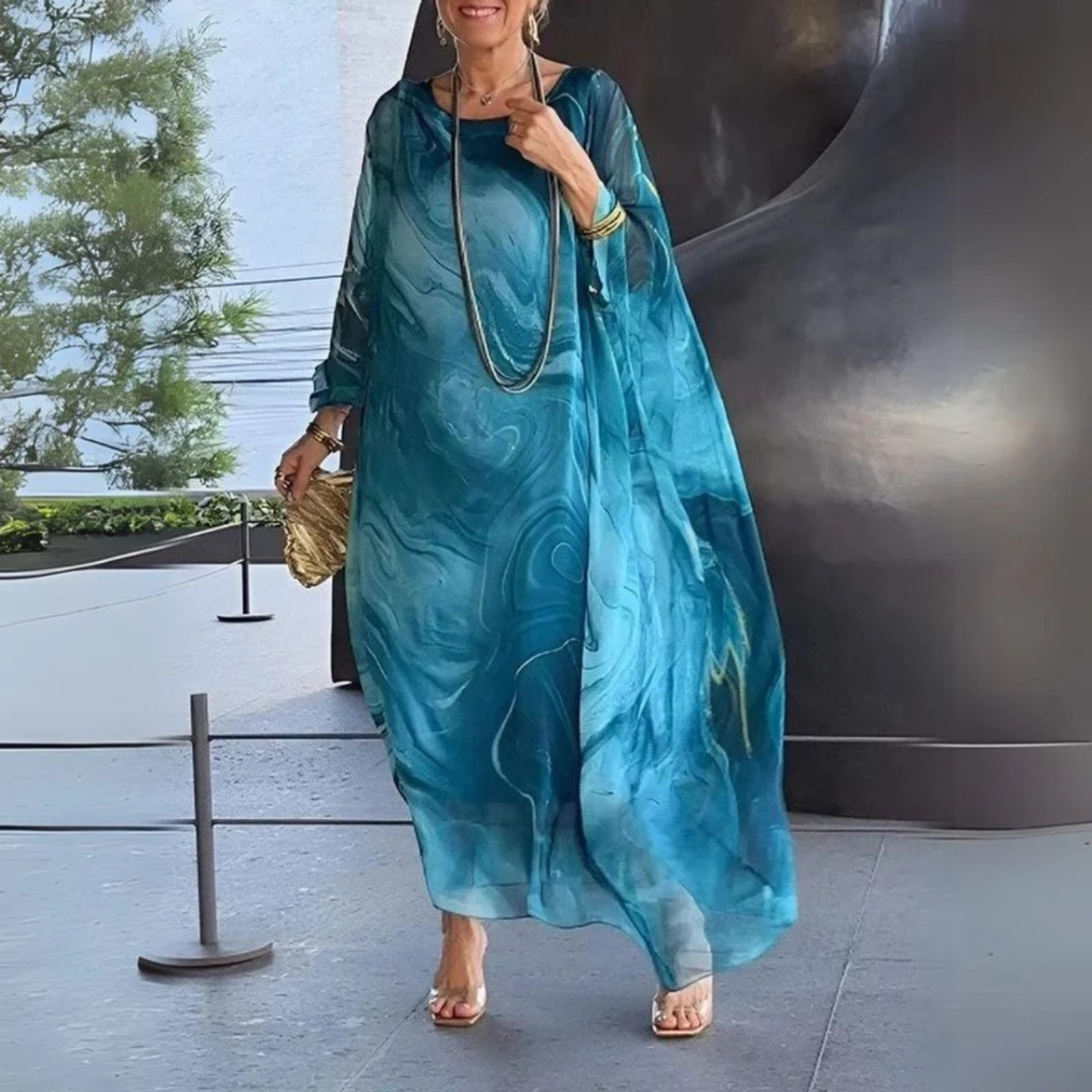 Elodie | Damen Langarm Maxikleid mit Marmor Muster und Kaftan Stil