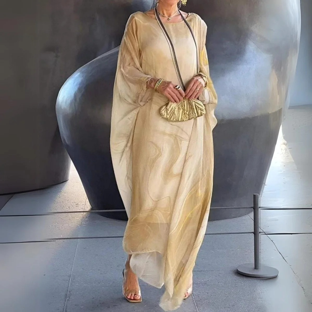 Elodie | Damen Langarm Maxikleid mit Marmor Muster und Kaftan Stil