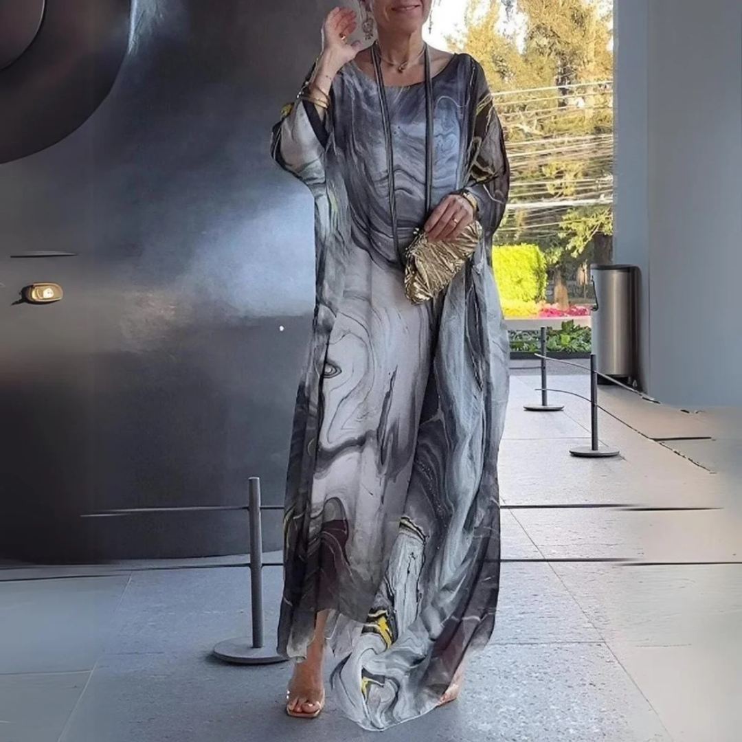 Elodie | Damen Langarm Maxikleid mit Marmor Muster und Kaftan Stil