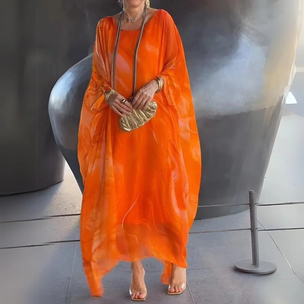 Elodie | Damen Langarm Maxikleid mit Marmor Muster und Kaftan Stil