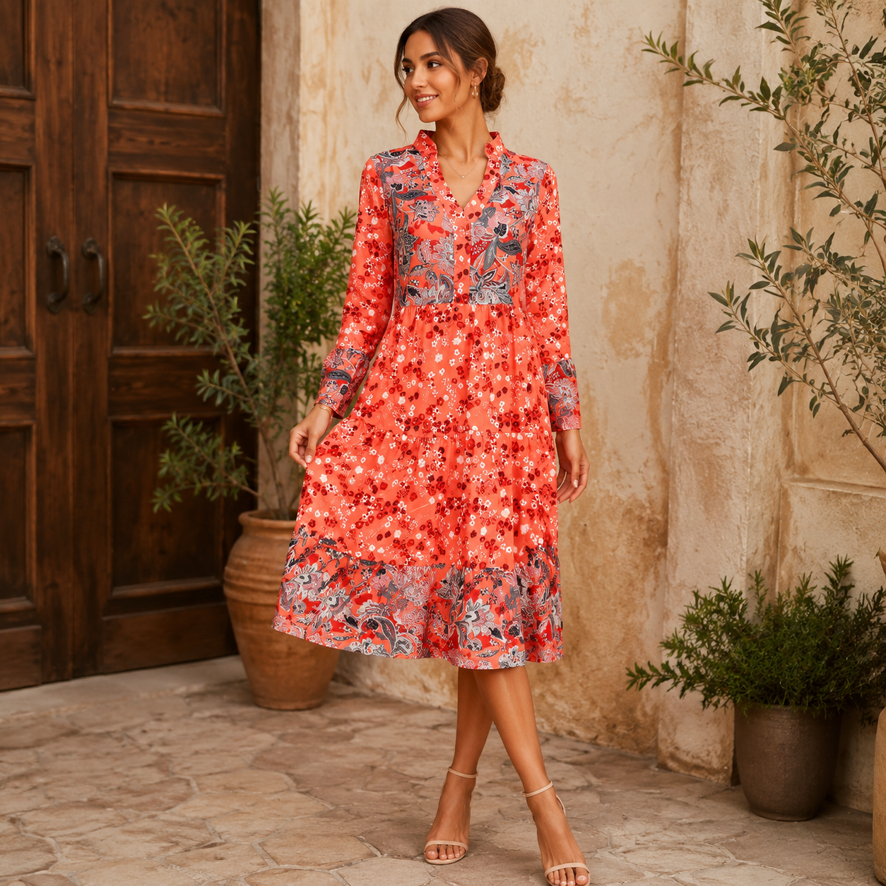 Elsbeth | Elegant Boho Midi-Sommerkleid mit Print