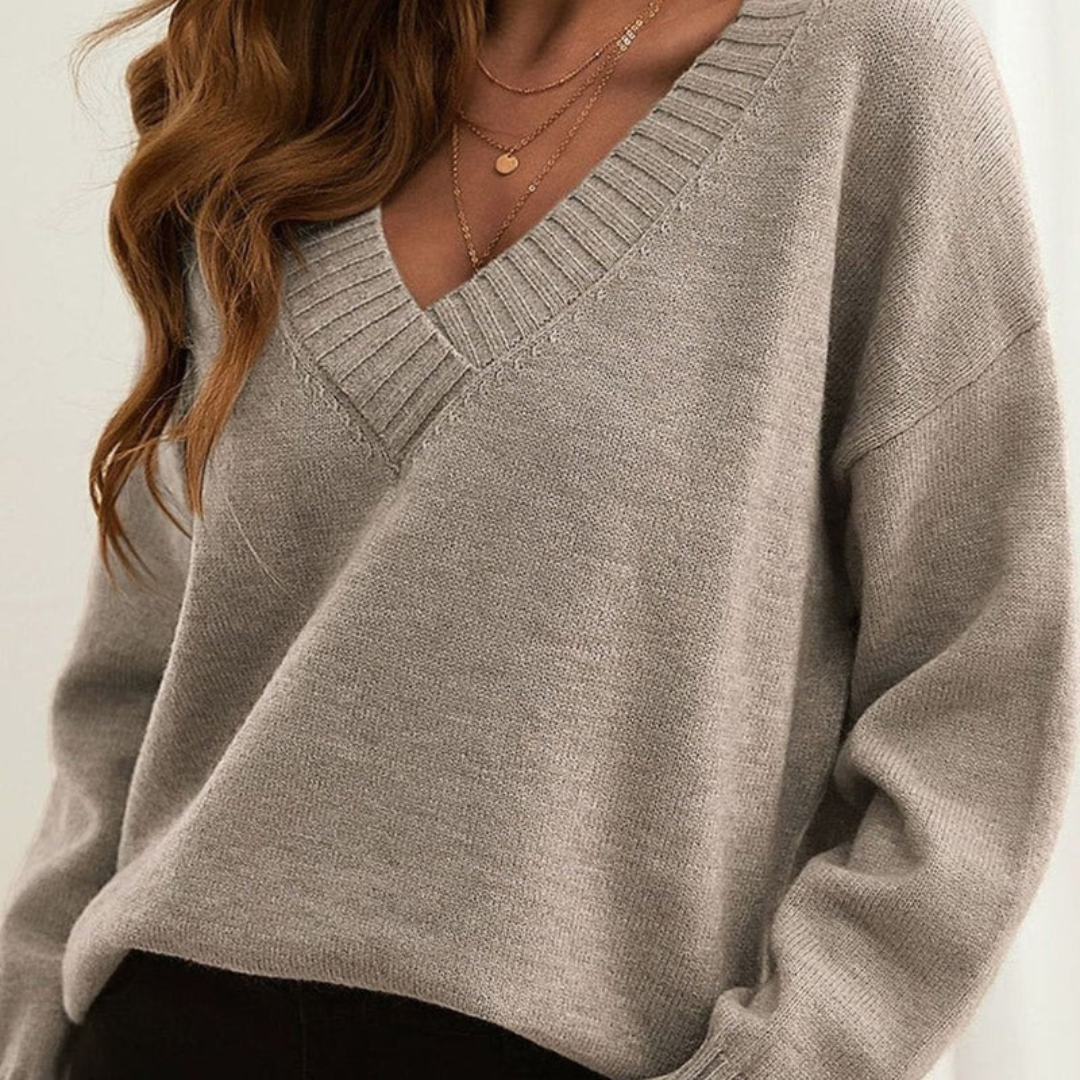 Elvira | Damen Oversize Strickpullover mit V Ausschnitt und Langarm