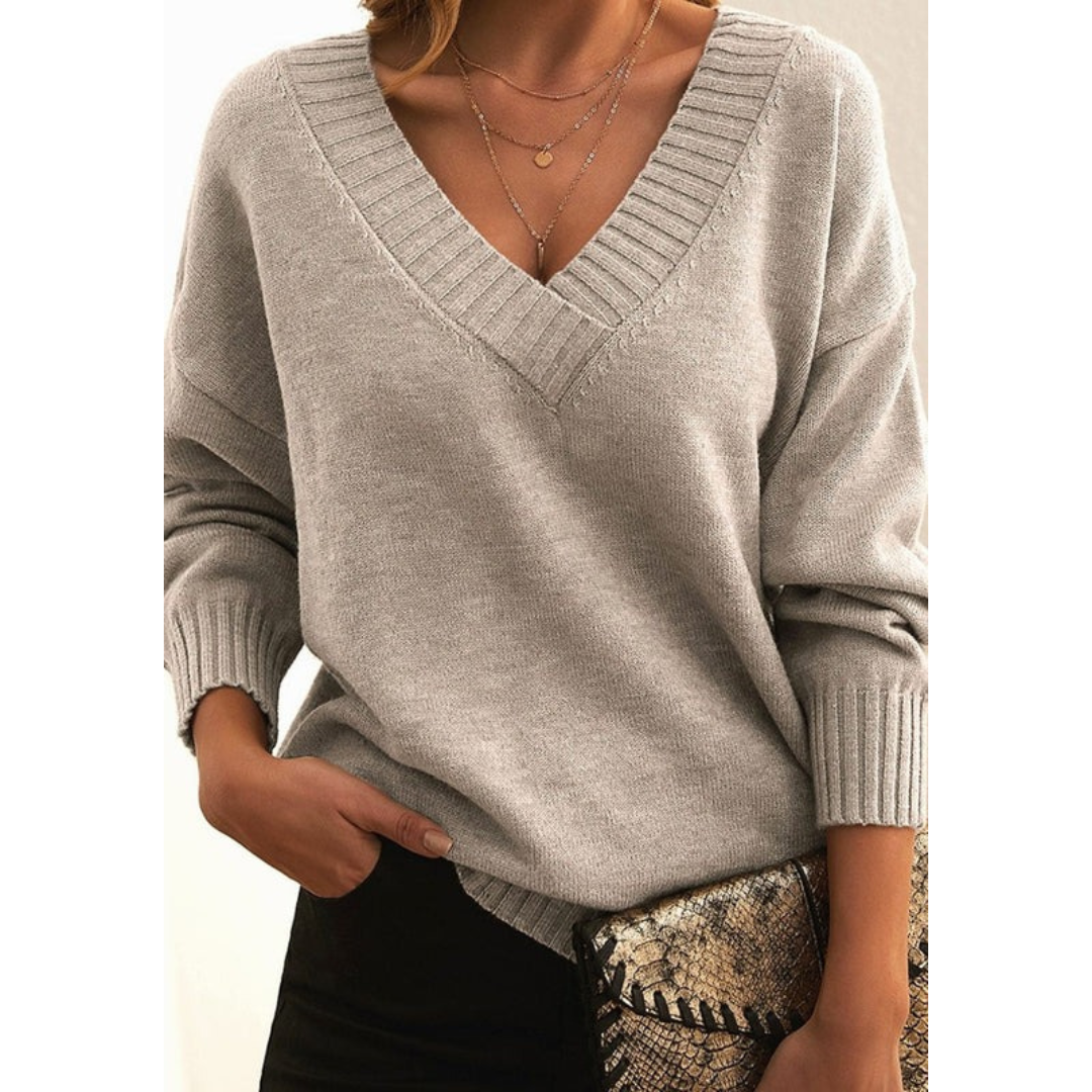 Elvira | Damen Oversize Strickpullover mit V Ausschnitt und Langarm