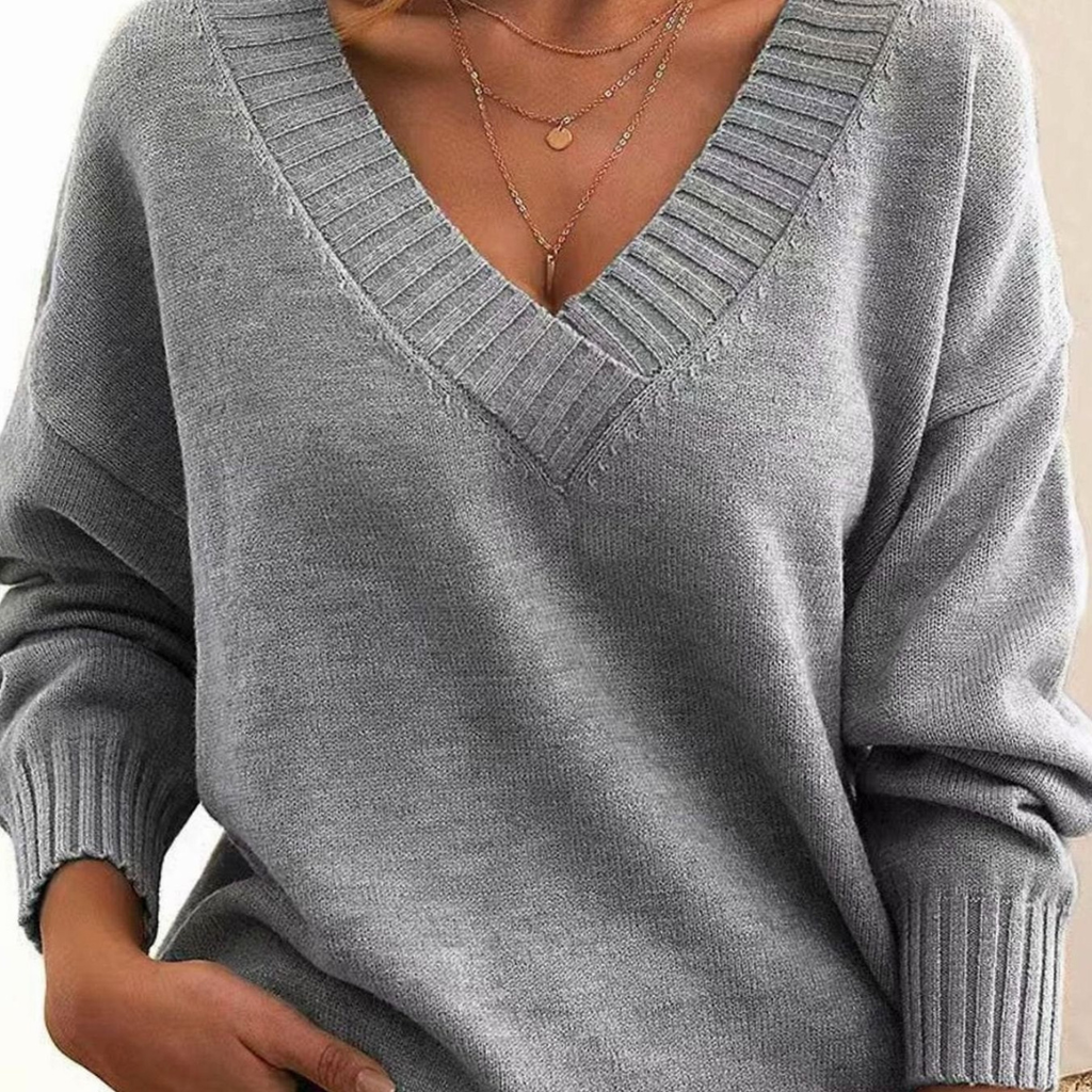Elvira | Damen Oversize Strickpullover mit V Ausschnitt und Langarm