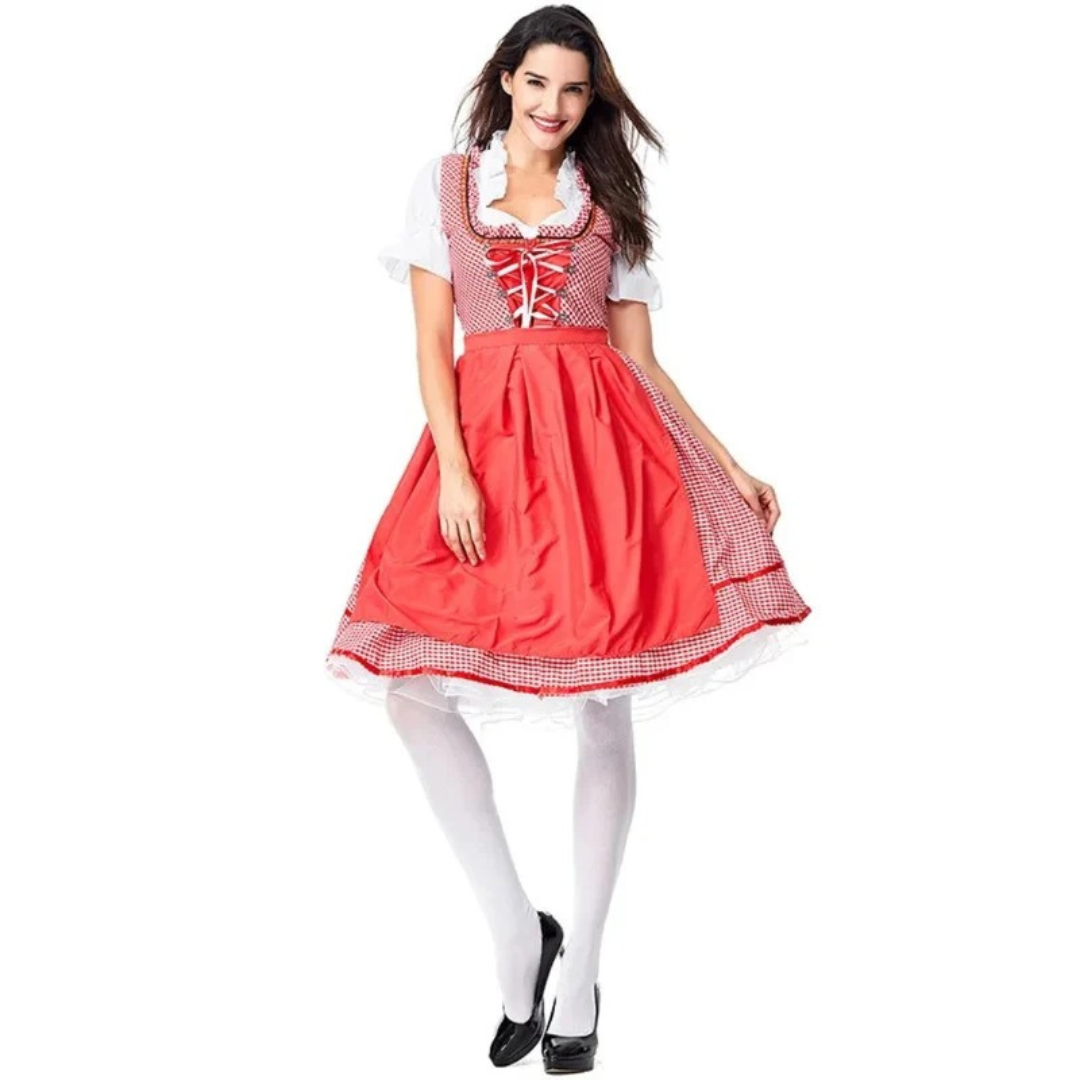 Elvira | Damen Rotes Oktoberfest Dirndl mit Schürze