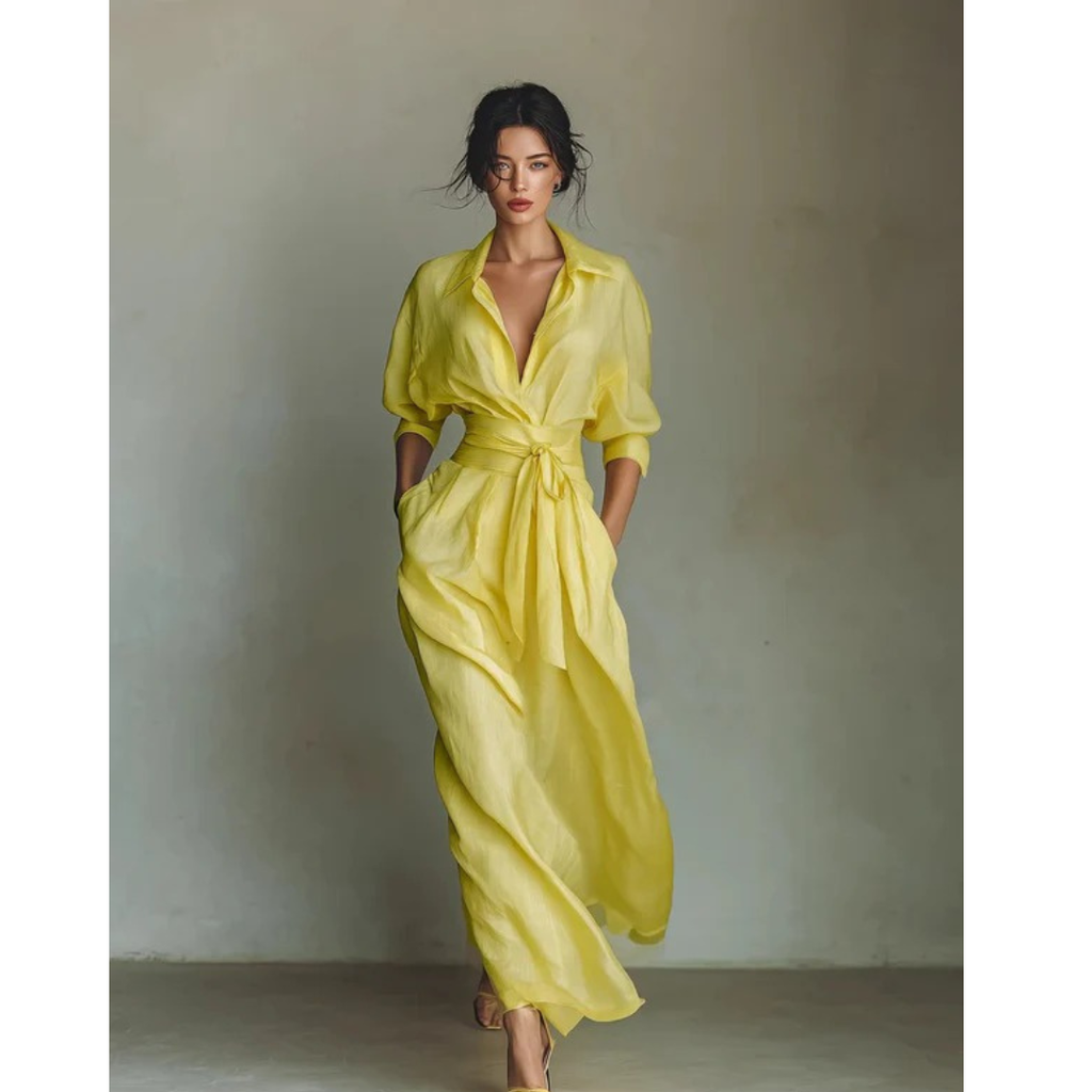 Emilia | Damen Gelbes V-Ausschnitt Maxikleid