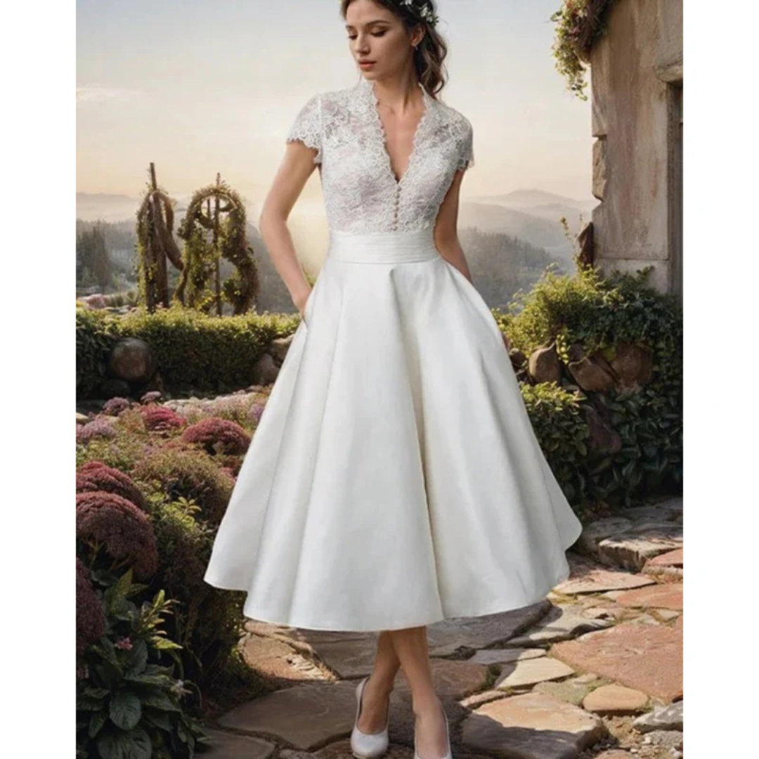 Emilia | Damen Hochzeitskleid Midi Mit V-Ausschnitt
