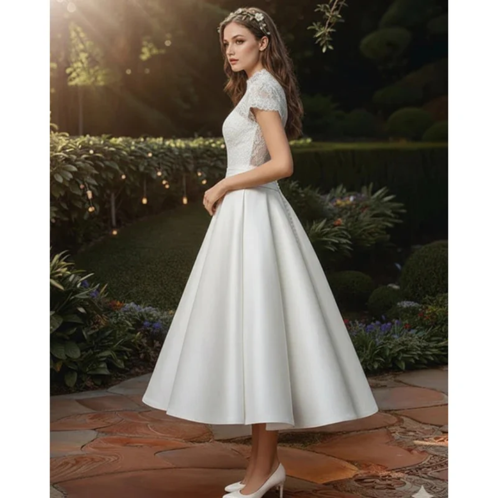 Emilia | Damen Hochzeitskleid Midi Mit V-Ausschnitt