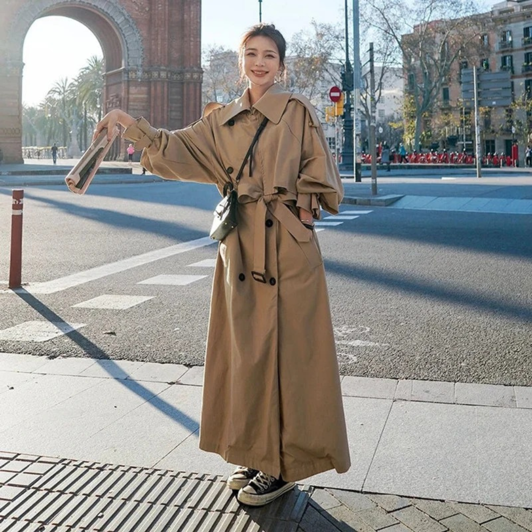 Emilia | Damen Moderne Maxi Trench Coat mit Gürtel