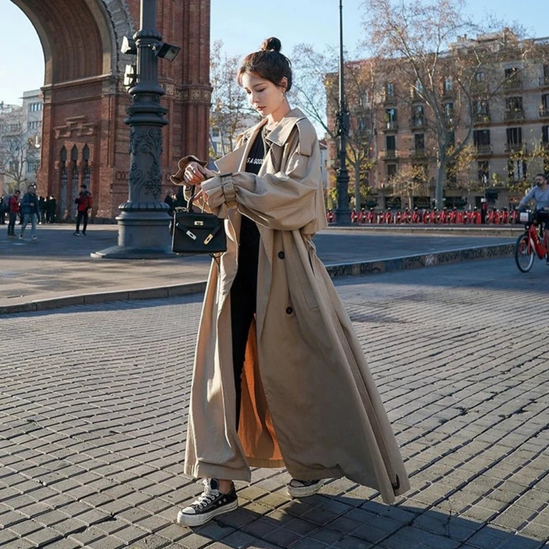Emilia | Damen Moderne Maxi Trench Coat mit Gürtel