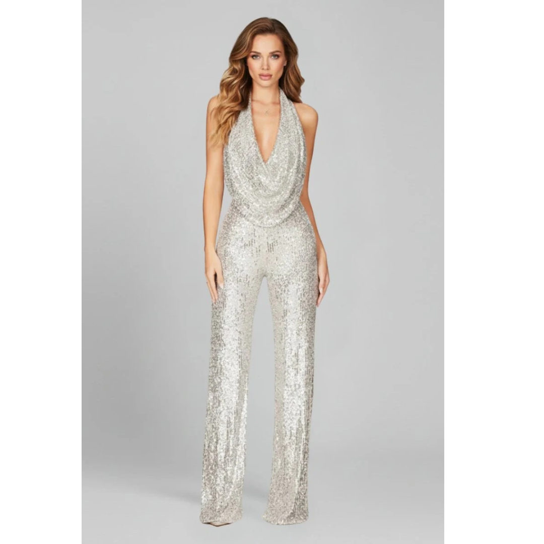 Emma | Damen Pailletten Jumpsuit Mit Neckholder