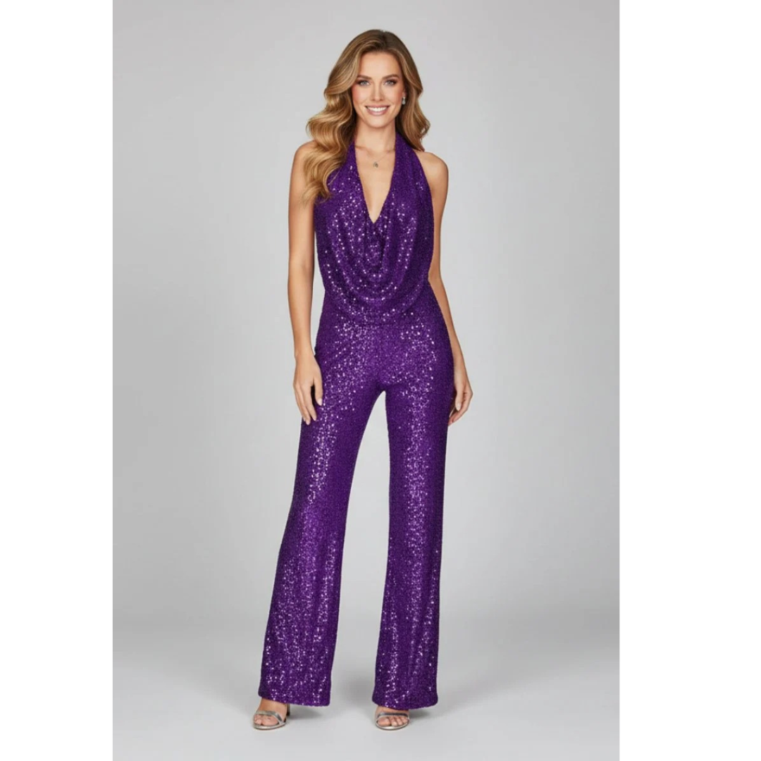 Emma | Damen Pailletten Jumpsuit Mit Neckholder