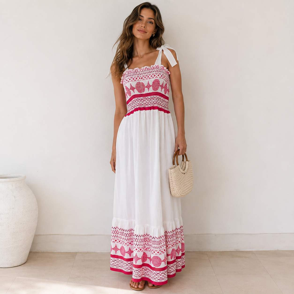 Emma | Damen Rosa Leichtes Sommer Maxikleid