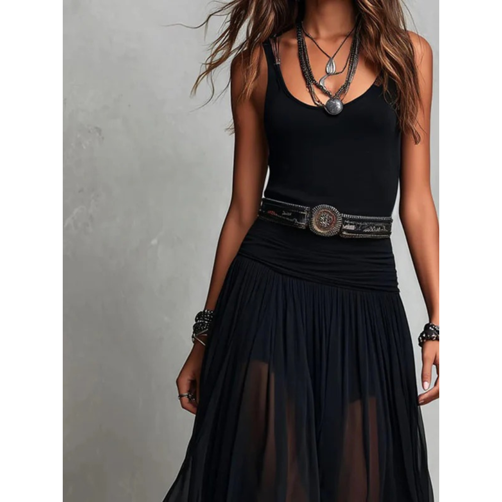 Engel | Damen Schwarzes Sommer Boho Maxikleid